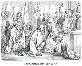 Old Engraving. Saint Remigius Baptizes Clovis I. The Book 