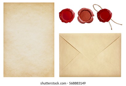 Old envelope and letter paper with wax seal stamps set isolated
