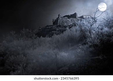 Old european castle in a foggy full moon night - Shutterstock ID 2345766395