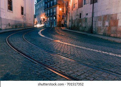 Old European City Street At Night, Lisbon, Portugal