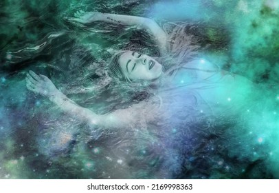 Old European magic, Mystical Pagan scene, woman in lake, rite. Magic divination in water, undina 