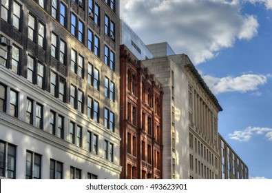 Old Facade Of Buildings In Downtown Brooklyn, New York.