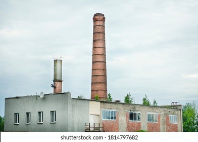 Old Factory Building, Old Brick Pipes From The Boiler Room, Young Trees On The Roof, But With Fiberglass Windows