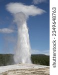 Old Faithful Geyser erupting in Yellowstone National Park on a sunny summer