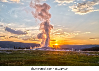 Old Faithful Geyser Eruption in Yellowstone National Park at Sunset