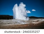 Old Faithful geyser mid eruption in Yellowstone National Park