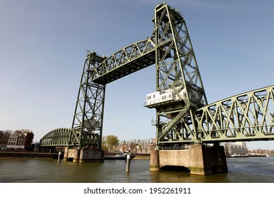 Old famous and monumental Koningshavenbrug ("De Hef) in Rotterdam, The Netherlands. This iconic lifting railway bridge is one of the landmarks of Rotterdam.