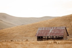Old Farm Building, A Shed, On A Meadow  With Dry Yellow Grasses, With Rolling Hills In The Background. Abandoned Farm Building In The Field, With Metal Roof With Red Peeling Paint