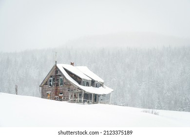 Old Farmhouse In Whiteout Snow Squall 