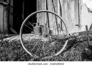 Old Farming Tools, Black And White Photo.