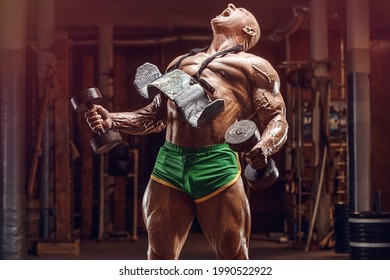 Old Fashion Athlete Bodybuilder Doing Arm Exercises In Gym. Brutal Bald Caucasian Sports Man Style Of The 80s. Sport, Fitness And Workout 80s Concept