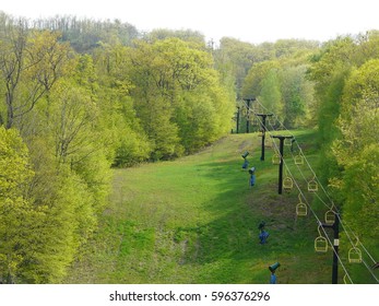 Old Fashion Ski Lifts In The Spring In NY Upstate, USA On A Sunny Day