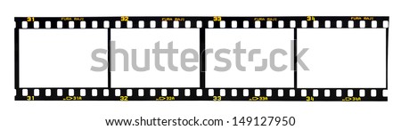 Old fashioned 35mm filmstrip isolated on white background. Brand name Fura Raji is not real, created by artist