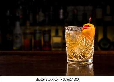 Old Fashioned Classic Cocktail In Crystal Glass