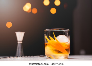 Old Fashioned Cocktail Drink On The Counter Bar.