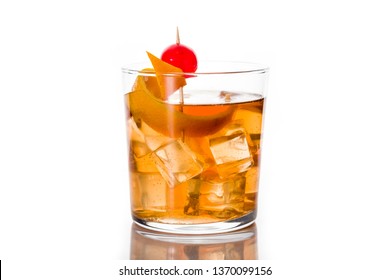 Old Fashioned Cocktail With Orange And Cherry Isolated On White Background. 