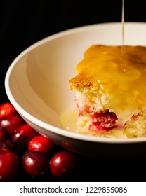 Old Fashioned Cranberry Cake With A Lemon Sauce Portrait Crop