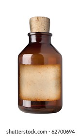 Old fashioned drug bottle with label, isolated, clipping path.