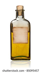 Old fashioned drug bottle with label, isolated, clipping path.
