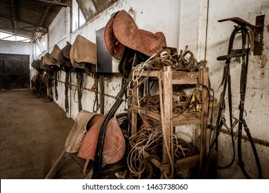 Old Fashioned Horse Barn Interior Row Of Aged Saddles And Horse Trapping Hanging On The Wall No People