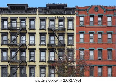 Old Fashioned Manhattan Apartment Building Facades With External Fire Escape Ladders