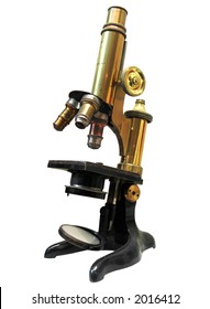 Old fashioned microscope from the 19th century. Isolated against white background.