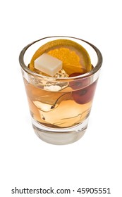 Old Fashioned Mixed Drink With Sugar Cube On A White Background