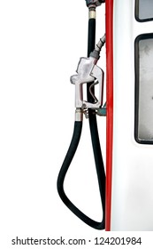 Old Fashioned Nozzle And Hose On Petrol Pump Isolated On White