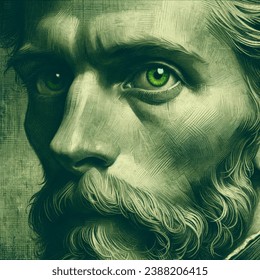 peinture à l'ancienne d'un homme, visage et regard rapprochés des tons verts