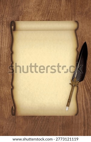 Old fashioned paper scroll document with vintage feather pen on rustic wooden background. Retro writing equipment for diploma, love letter, invitation. 