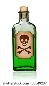 Old fashioned poison bottle with label, isolated, clipping path.