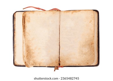 Old fashioned retro book spread open damaged stained paper with blank empty pages, antique opened book table top view, shot from above, object isolated on white background, cut out, nobody, no people  - Shutterstock ID 2365482745