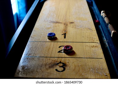 Old Fashioned Shuffle Board Table With Pucks