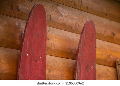 Old Fashioned Skis Skiing Vintage Background Texture Wood Cabin Up North Winter Wood Wooden Close Up Macro