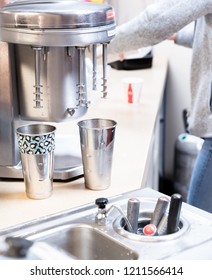 Old Fashioned Soda Fountain Blender For Milk Shakes. Chocolate, Vanilla Ice Cream Drinks In Drug Store. 