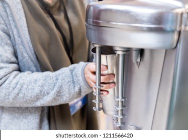 Old Fashioned Soda Fountain Blender For Milk Shakes. Chocolate, Vanilla Ice Cream Drinks In Drug Store. 