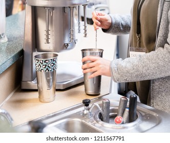 Old Fashioned Soda Fountain Blender For Milk Shakes. Chocolate, Vanilla Ice Cream Drinks In Drug Store. 