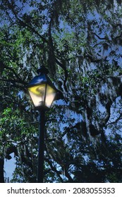 Old Fashioned Street Lamp In Park At Dusk