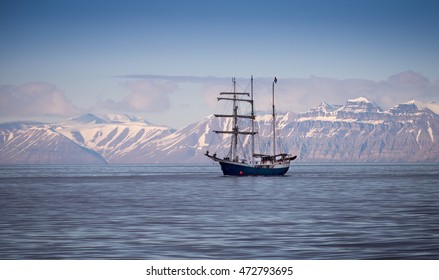 Old Fashioned Tall Ship In Harbor Near Spitsbergen, Norway