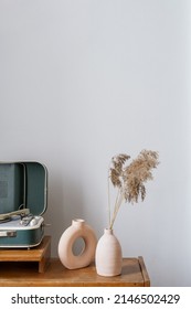 Old fashioned vinyl player close to dry plants in vase, standing against white copy space wall. Close up and vertical view of retro style objects in living room. Vintage elements at interior - Shutterstock ID 2146502429