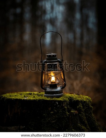 Old Feuerhand Baby 275 Made in Germany on a tree stump with moss. Soft forest background