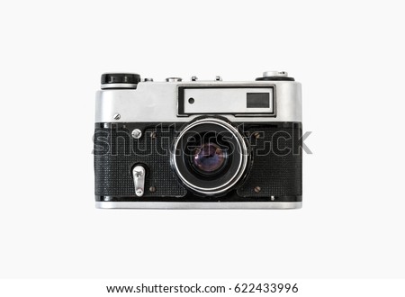 Old film camera. White background close-up. Vintage photo