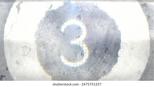 Old film countdown showing number three in large, bold font. Vintage background has grainy texture with visible scratches and marks, adding to nostalgic feel - Powered by Shutterstock