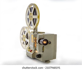 An Old Film Projector Made In The USSR In 1977 On A White Background