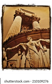 Old Fine Art Photograph Of The Palace Of Fine Arts Landmark In San Francisco.Sepia Tone With Grunge Photo Border/Architecture Of Goddess Statues In San Francisco Under Giant Pillars