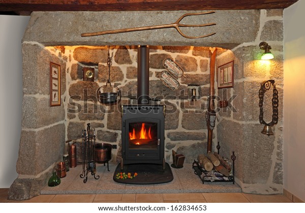 Old Fireplace Made Stone Iron Stove Stock Photo Edit Now 162834653