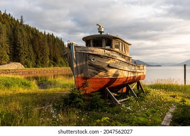 An Old Fishing Boat In Dry Dock In Icy Strait Point, Alaska.