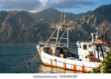 An old fishing boat rests by the calm sea with towering mountains behind, showcasing a serene and timeless coastal scene. - Powered by Shutterstock