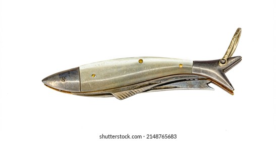 Old Fishing Knife With Two Blades On White Background