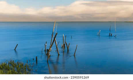 old fishing pier in Portugal in Setubal city area at sunrise and low tide. Carrasqueira palafitic pier - Powered by Shutterstock